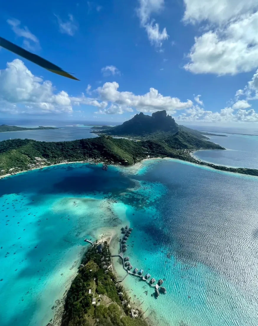 Bora Bora mountain and lagoon viewed from a helicopter